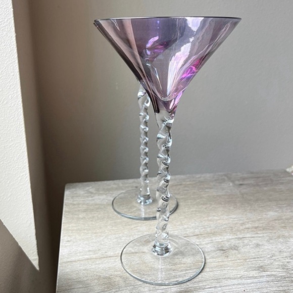 Pair/2 Romanian Blown Glass Amethyst Bowl Barley Twist Stem Tall Martini Glasses - Picture 5 of 12